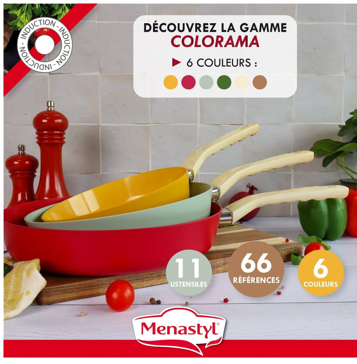 Set de 5 pièces Colorama poêles colorées rouge jaune vert céladon avec manches bois sur fond cuisine carrelé