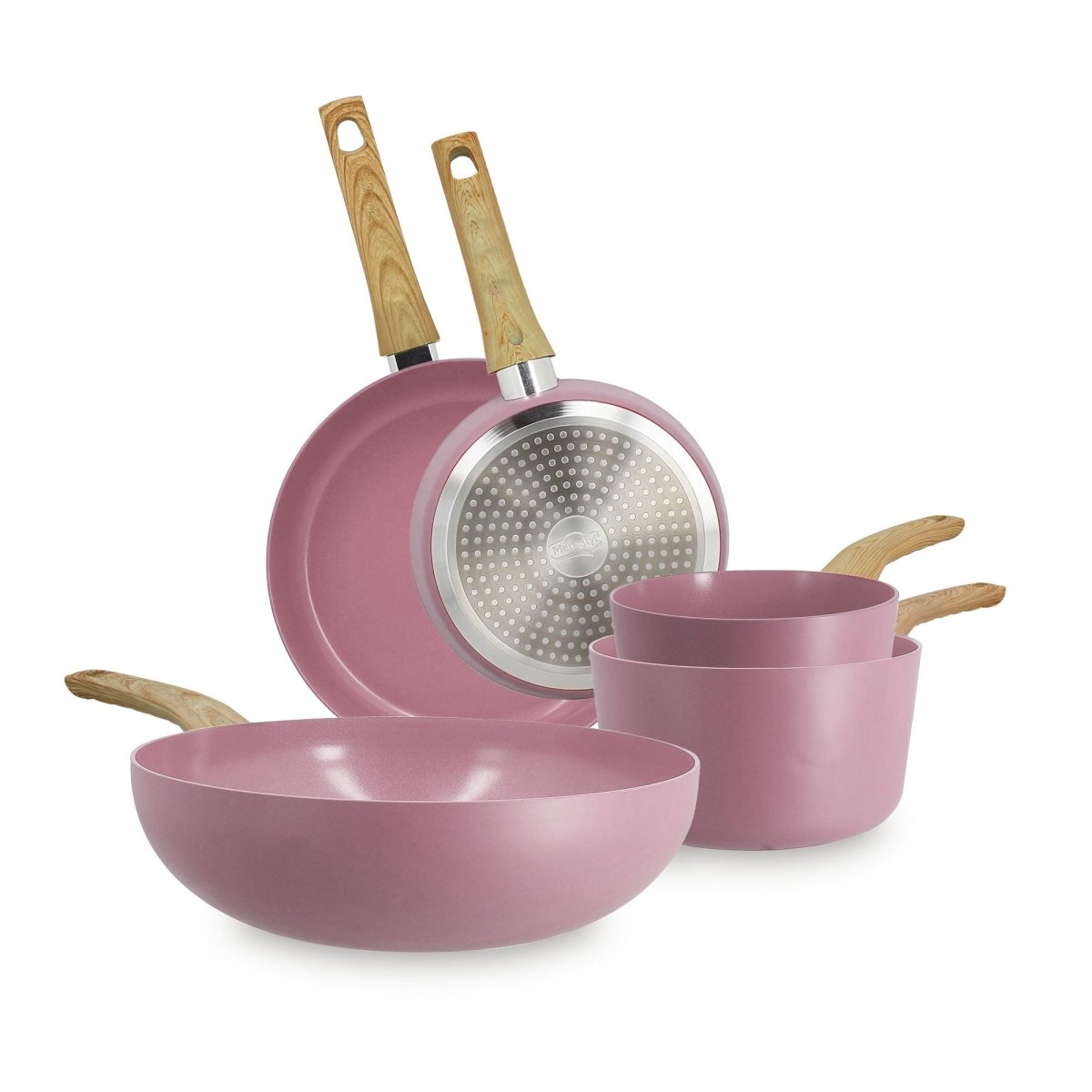 Set 5 pièces Colorama rose aluminium recyclé avec 3 poêles, 2 casseroles et manches bois, compatible induction