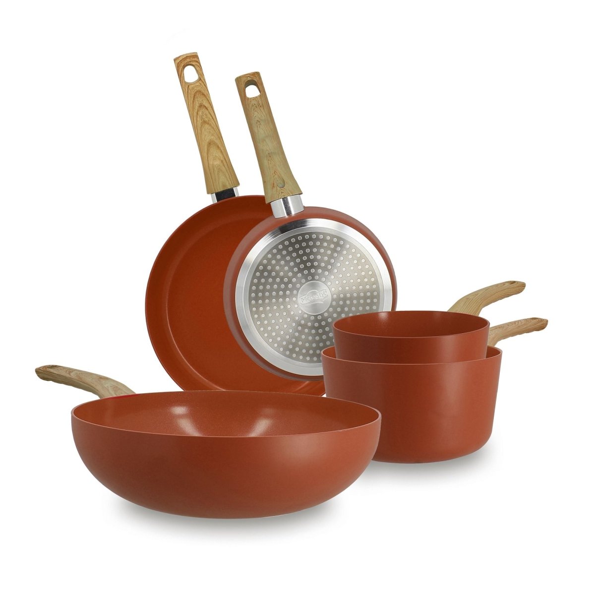 Vue d'ensemble set 5 pièces Colorama terracotta : 2 poêles, 2 casseroles, 1 wok avec manches bois et revêtement antiadhésif