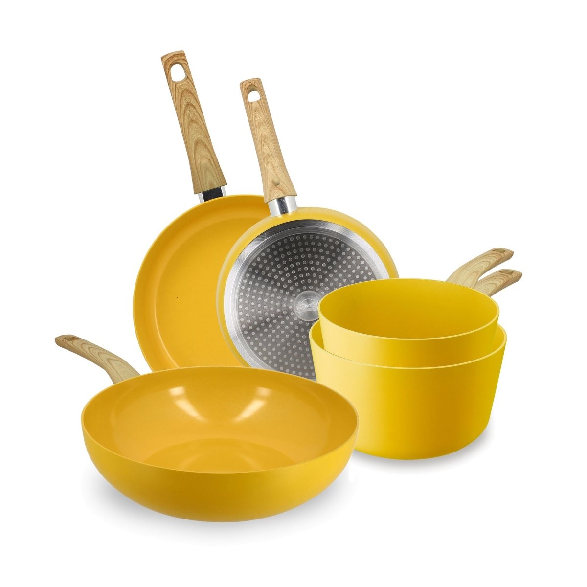 Set de 5 pièces Colorama jaune avec casseroles et poêles en aluminium recyclé, manches bois, fond antiadhésif
