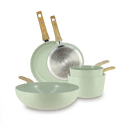 Set de 5 pièces Colorama Menastyl vert céladon avec poêles, casseroles et wok en aluminium recyclé, manches bois