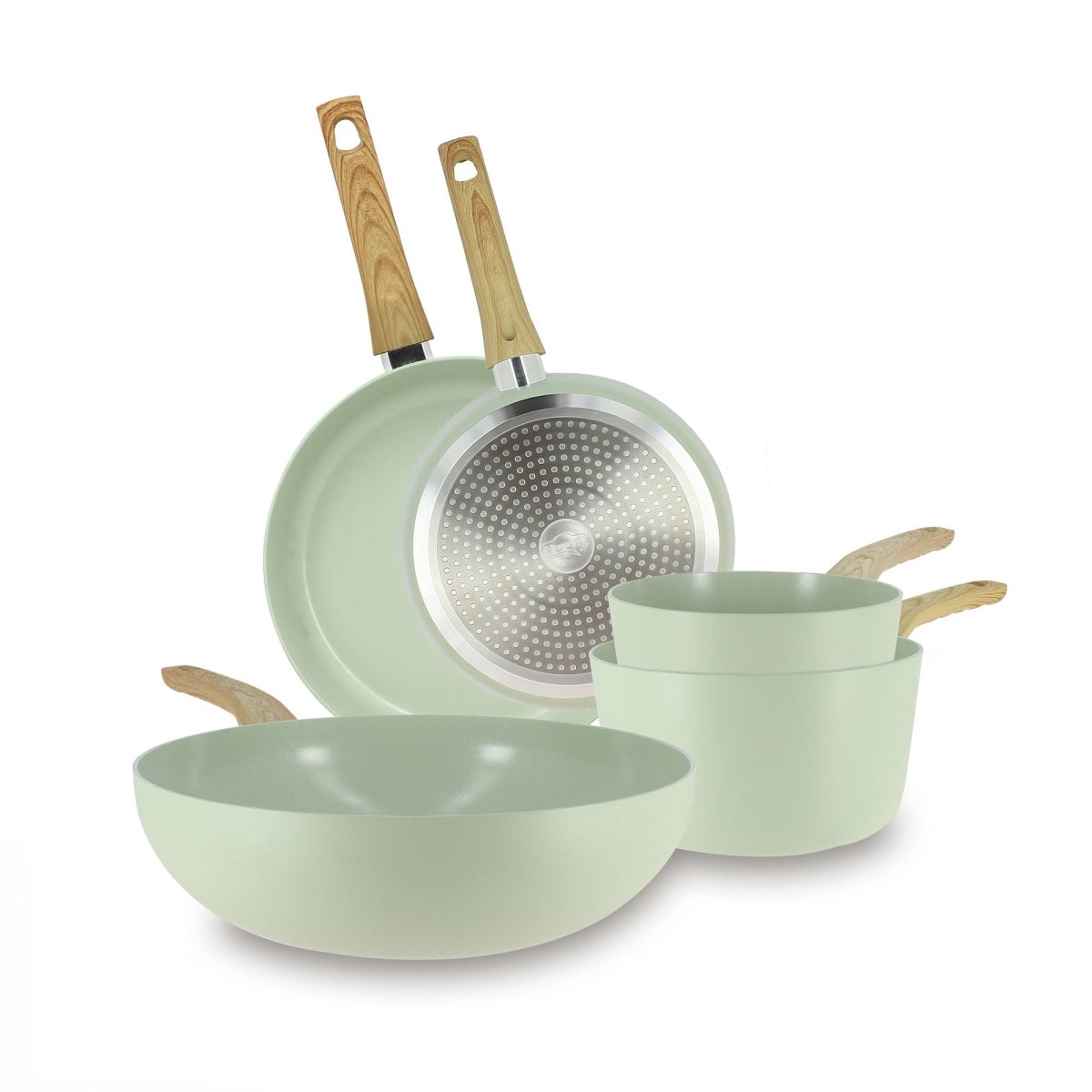 Set de 5 pièces Colorama Menastyl vert céladon avec poêles, casseroles et wok en aluminium recyclé, manches bois