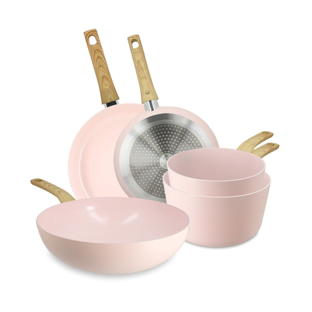 Set de 5 pièces Colorama rose pâle avec casseroles et poêles empilées, manches en bois, vue d'ensemble