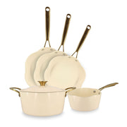 Set de 5 pièces Dahlia Menastyl en aluminium recyclé beige avec poêles, casserole et faitout, poignées dorées