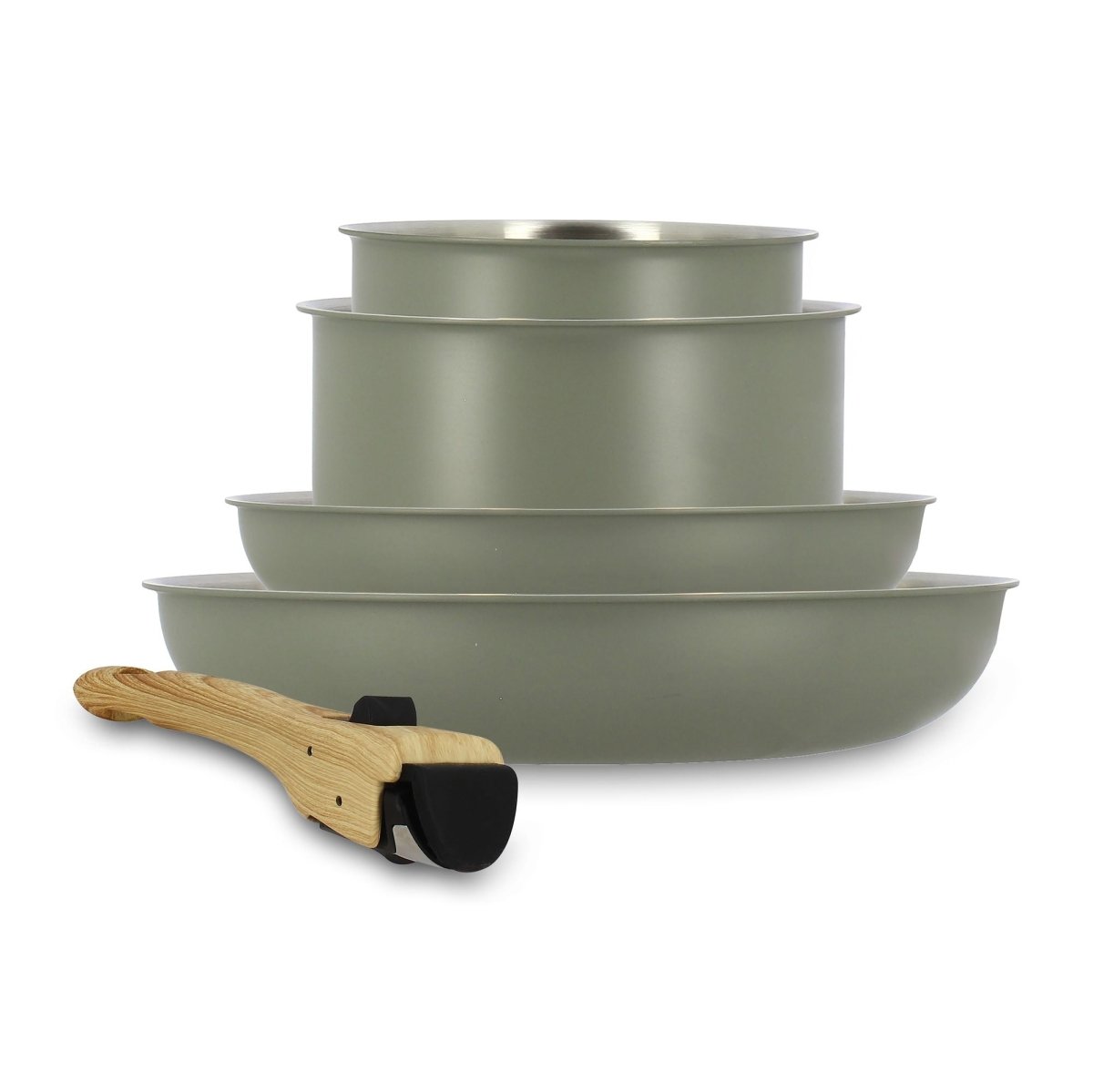 Set de 5 pièces Easynox empilé : 2 casseroles, 2 poêles inox vert sauge et spatules amovibles en bois