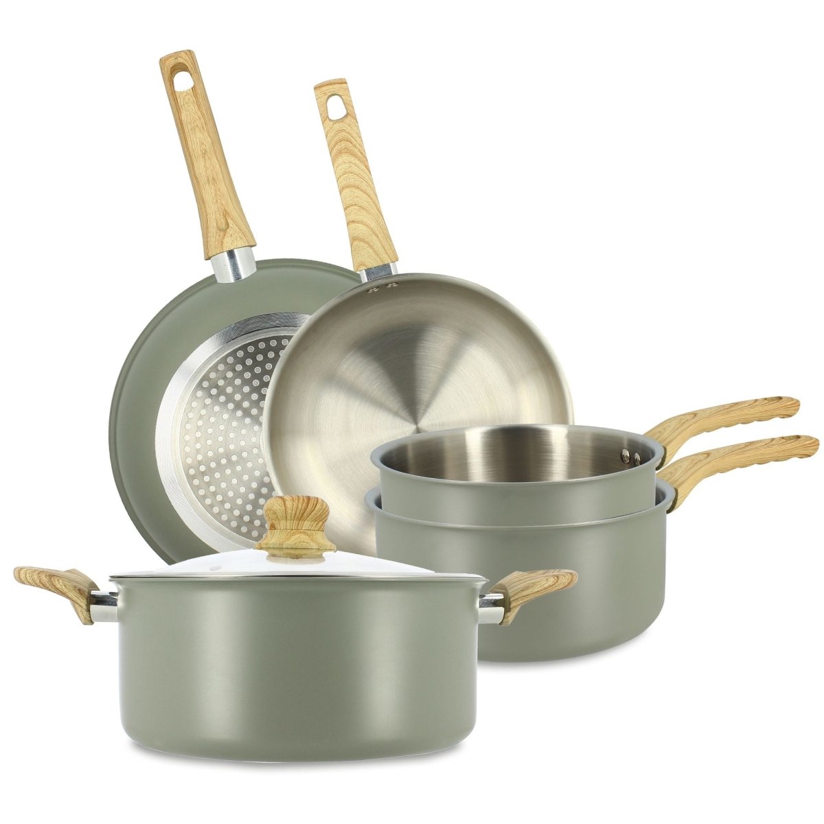 Set de 5 pièces Easynox en acier inoxydable et aluminium avec poignées bois, arrangement complet vue ensemble