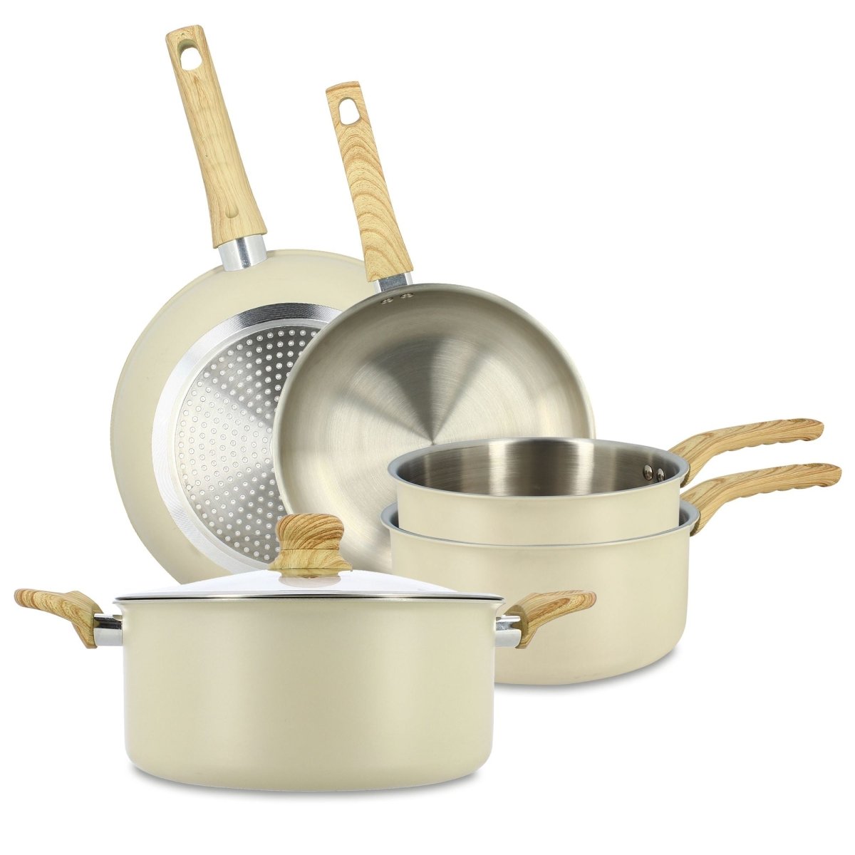 Set de 5 pièces Easynox Menastyl en inox et aluminium crème avec poignées bois, vue d'ensemble