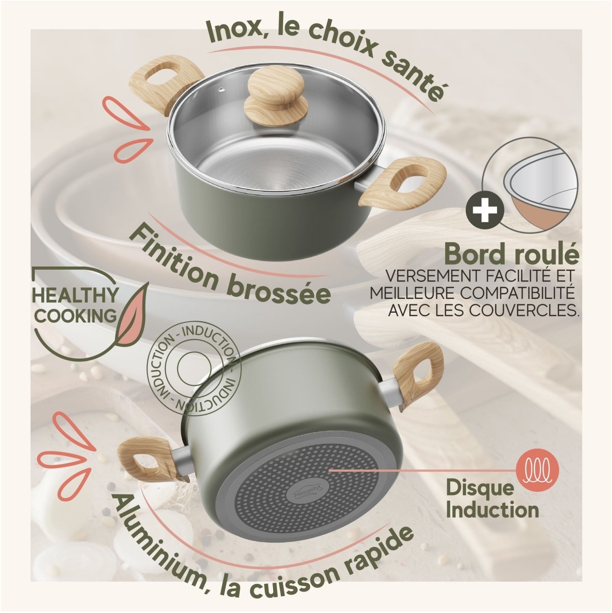 Infographie batterie de cuisine Easynox : finition inox brossé, aluminium cuisson rapide, disque induction et bord roulé