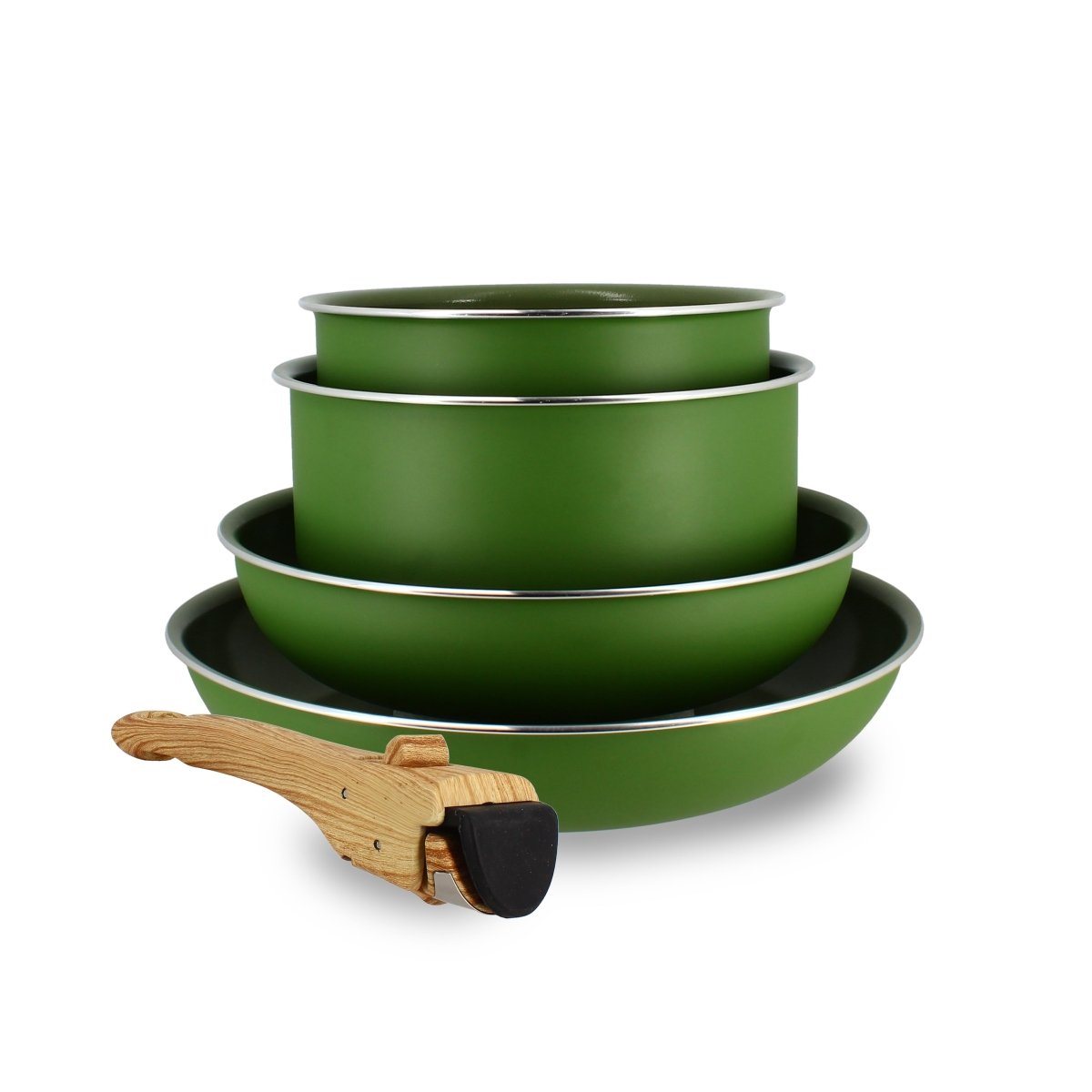 Set de 5 pièces aluminium recyclé vert empilé avec poignée amovible bois, vue ensemble sur fond blanc