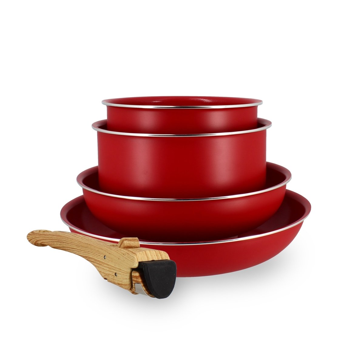 Set de 4 pièces en aluminium rouge empilées avec poignée amovible finition bois, vue d'ensemble