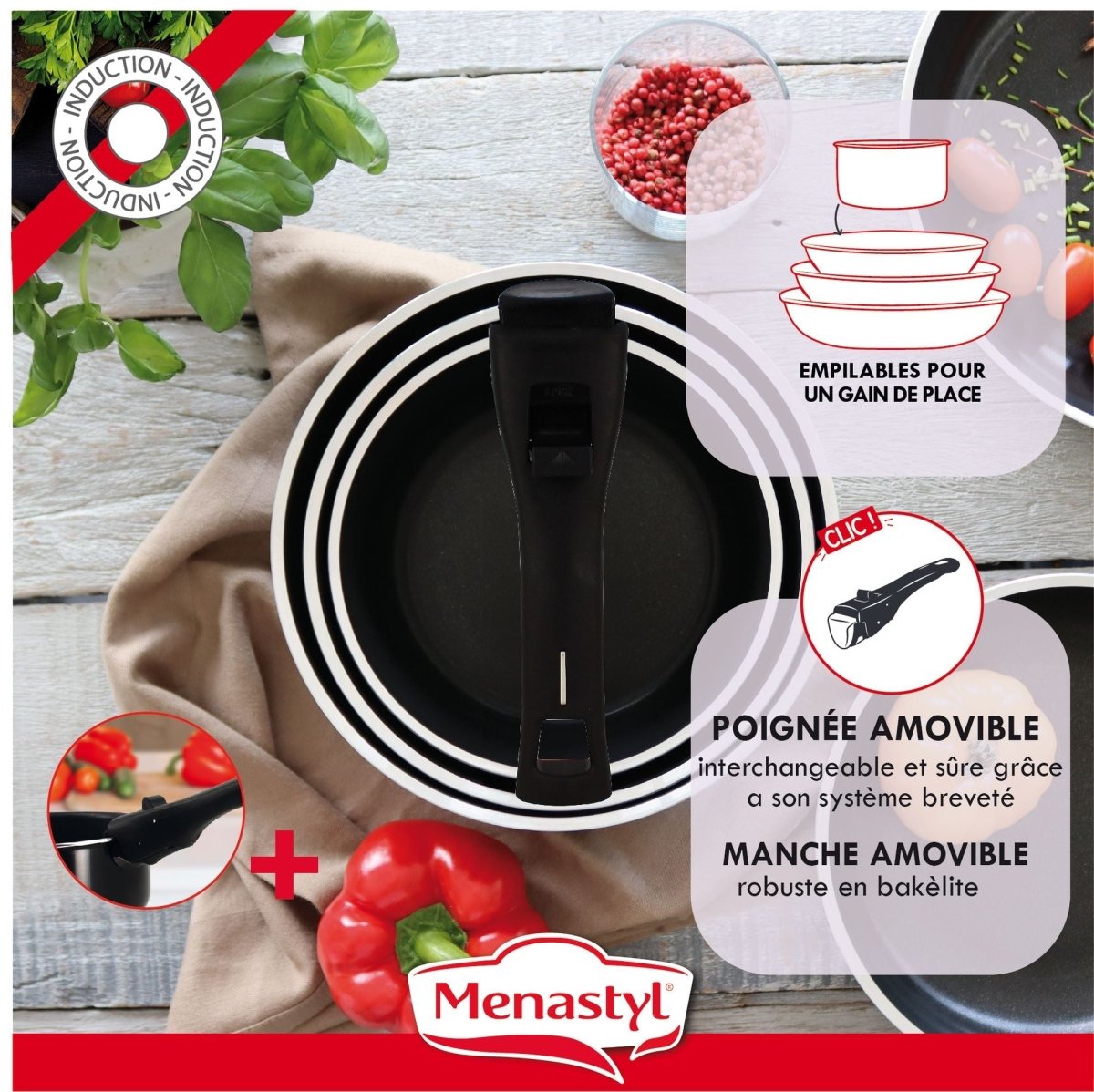 Vue détaillée batterie cuisine Iris 5 pièces aluminium noir, poignée amovible brevetée et système empilable pour gain de place