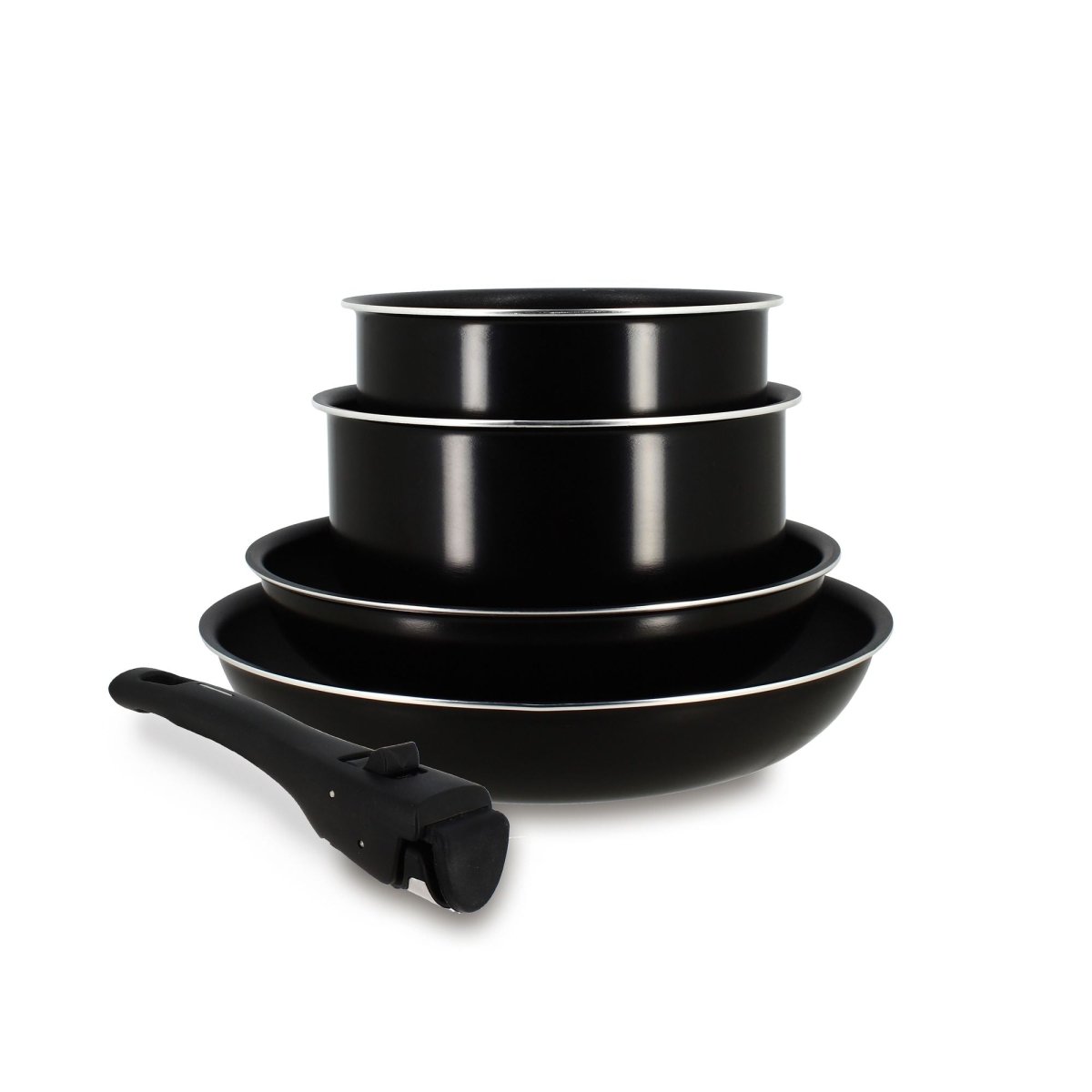 Set de 5 pièces batterie de cuisine Iris Menastyl en aluminium noir avec poignée amovible, empilées sur fond blanc
