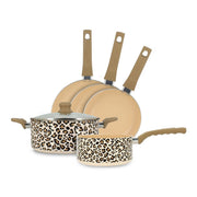 Set de 5 pièces Léopard Menastyl : 3 poêles, 1 casserole et 1 faitout motif léopard beige, vue d'ensemble