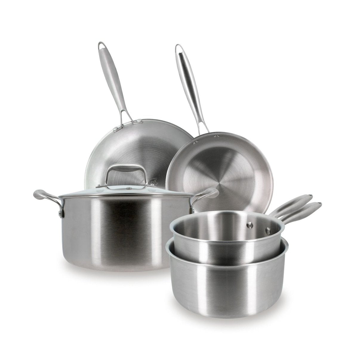 Set de 5 pièces Trinox en acier inoxydable Menastyl, casseroles et poêles empilées sur fond blanc