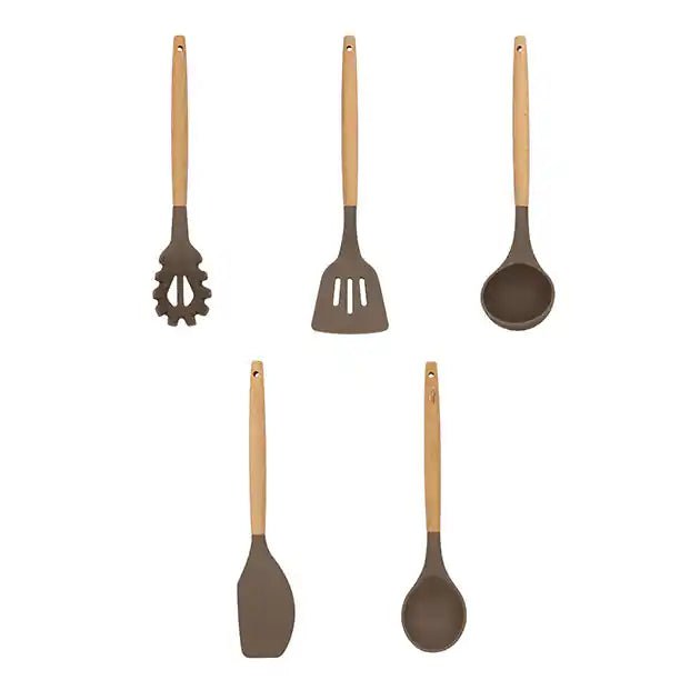 Set de 5 ustensiles Eliott en silicone avec manche en bois - Menastyl - Ustensiles