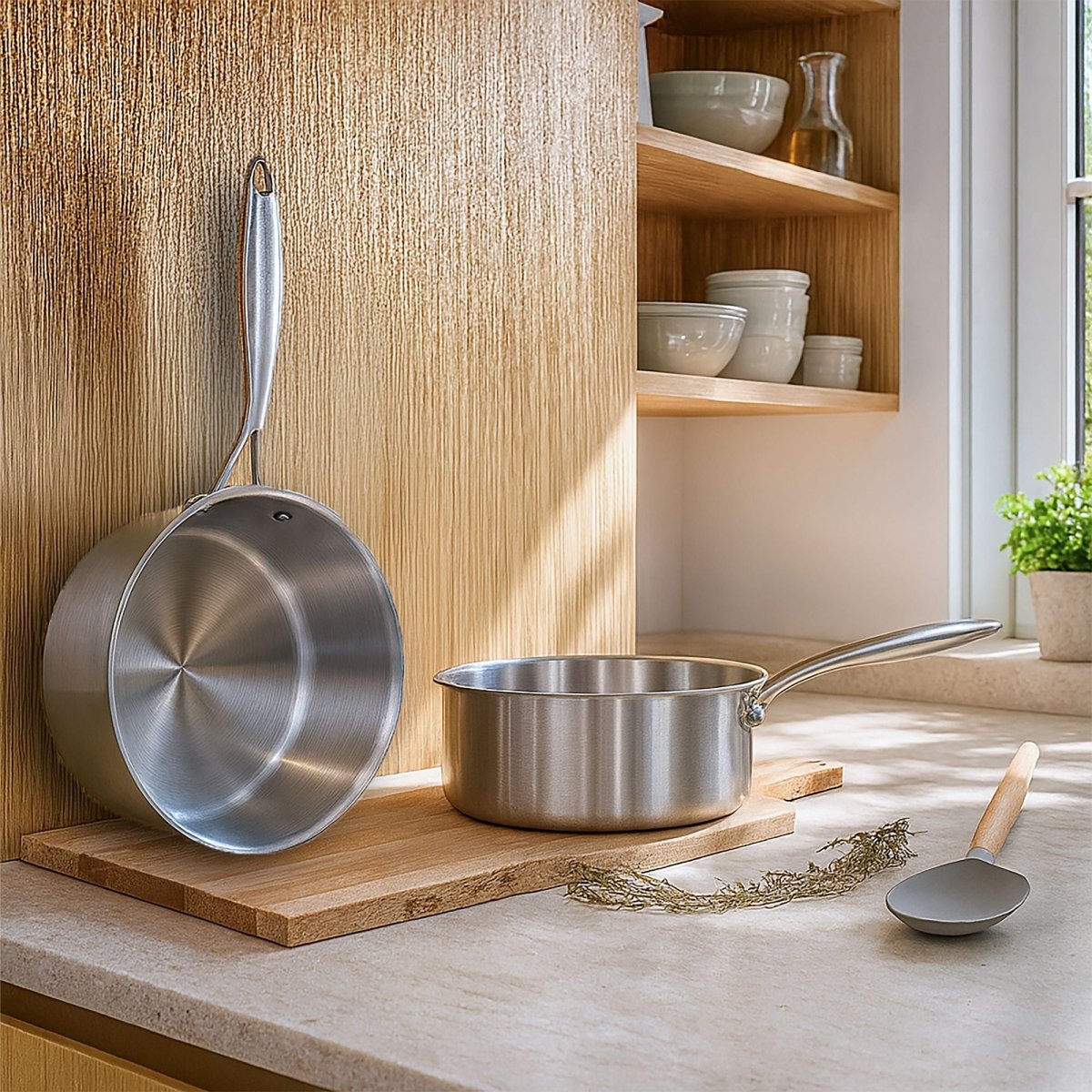 Set Trinox 6 pièces en acier inoxydable triple couche avec casserole et poêle sur planche bois dans cuisine moderne