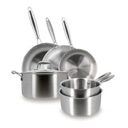 Set de 6 pièces Trinox Menastyl en acier inoxydable triple couche, casseroles et poêles empilées, fond blanc