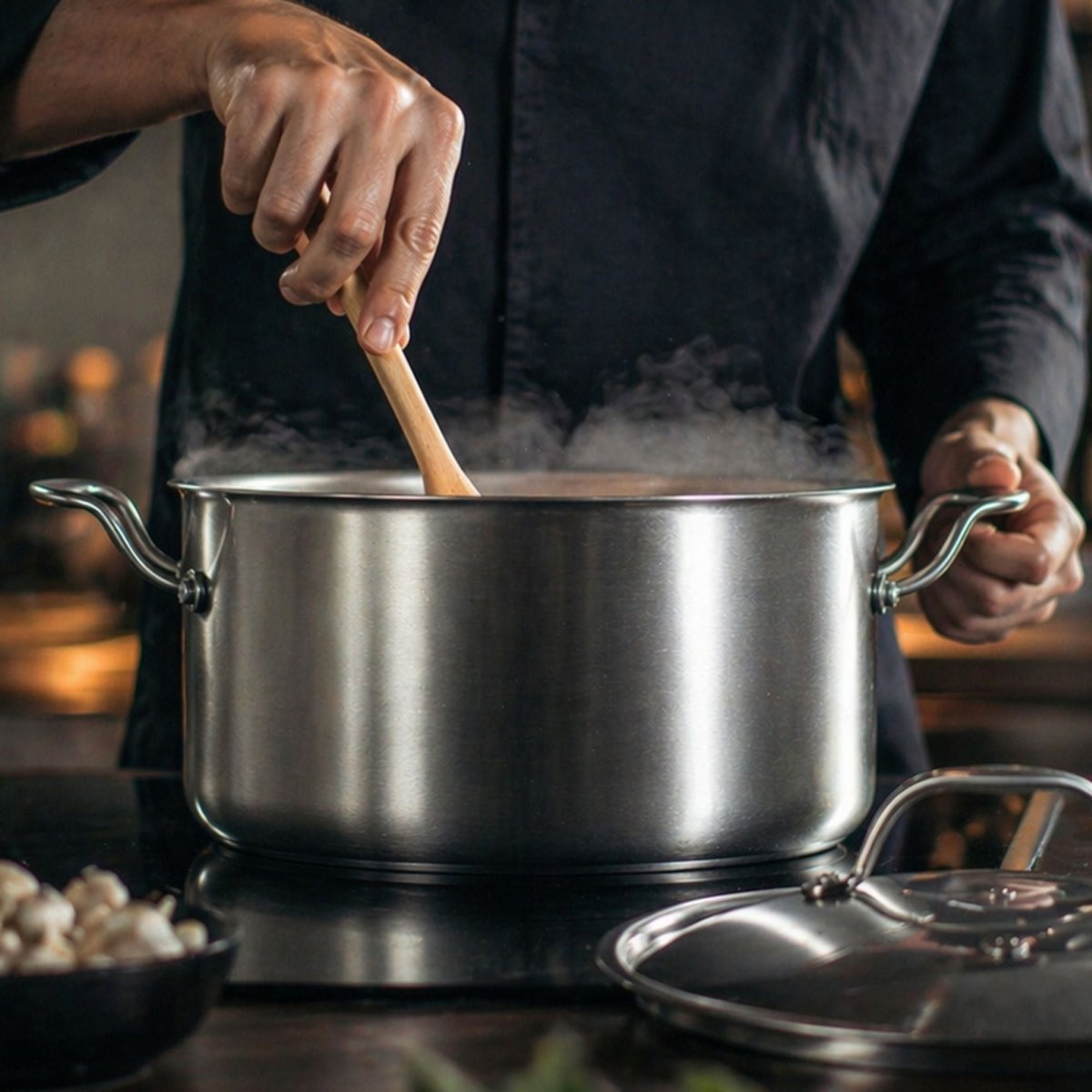 Casserole Triply en acier inoxydable avec vapeur, cuisson sur plaque induction, vue rapprochée