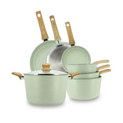Set de 7 pièces Colorama Menastyl en aluminium recyclé céladon avec manches bois, casseroles et poêles empilées