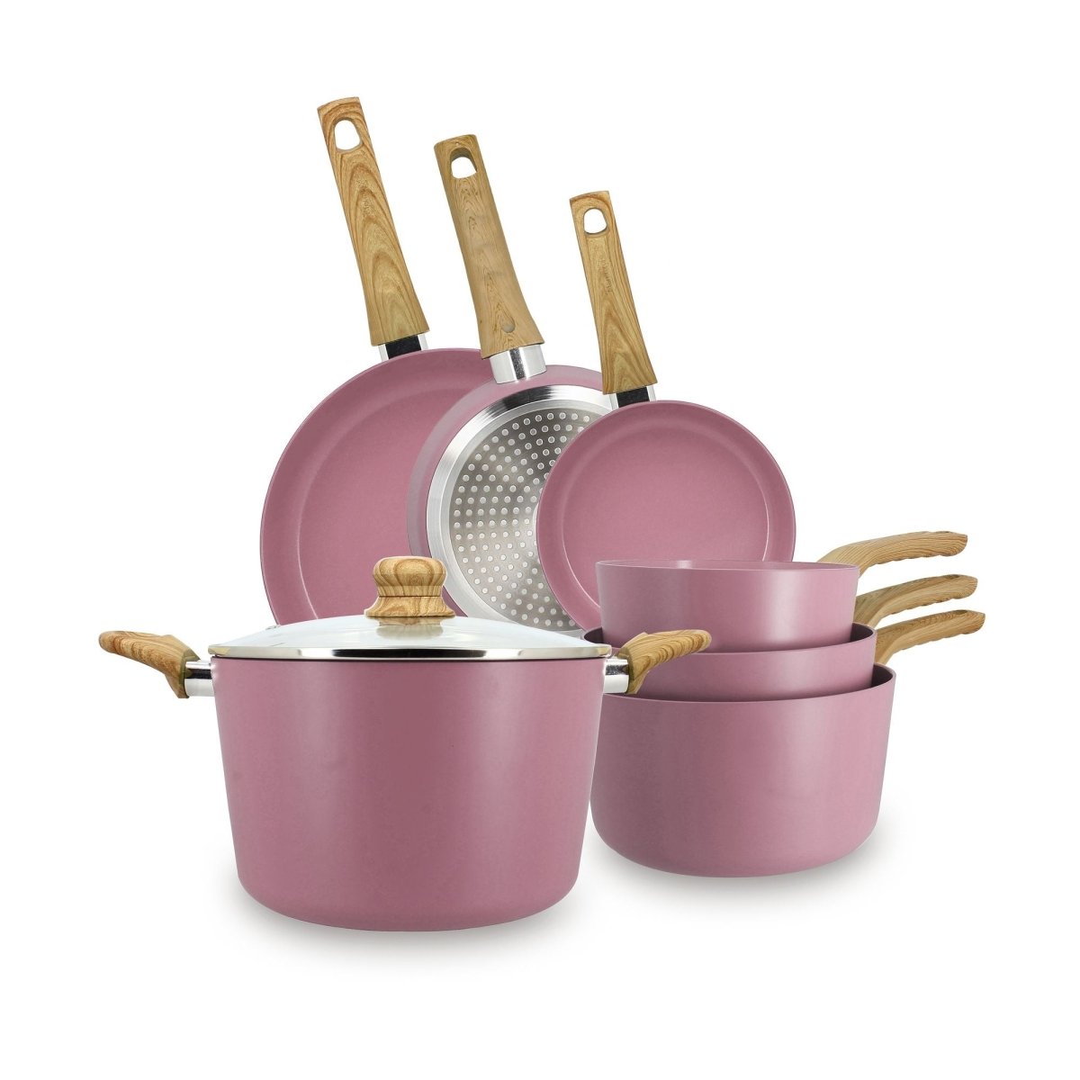Set de 7 pièces Colorama rose avec casseroles, poêles et couvercle, manches en bois, fond blanc