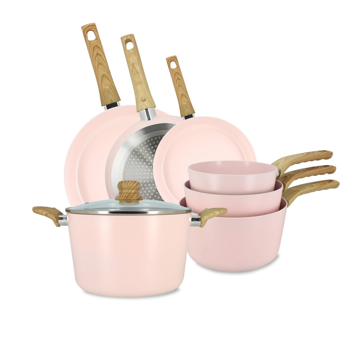 Set complet de 7 pièces Colorama rose pastel avec casseroles, poêles et manche bois, vue d'ensemble sur fond blanc
