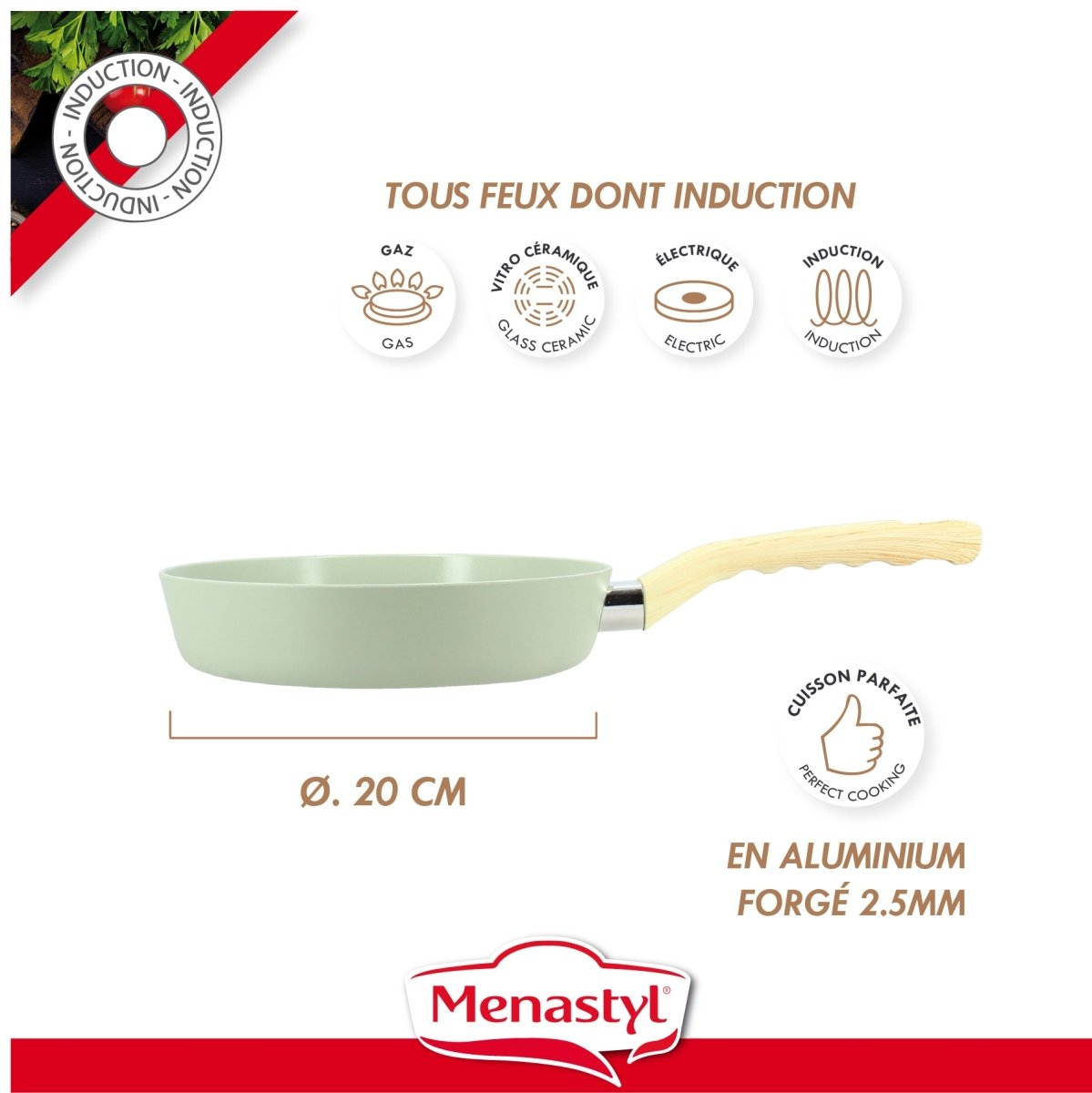 Poêle 20cm céladon en aluminium forgé, compatible tous feux dont induction, manche bois clair