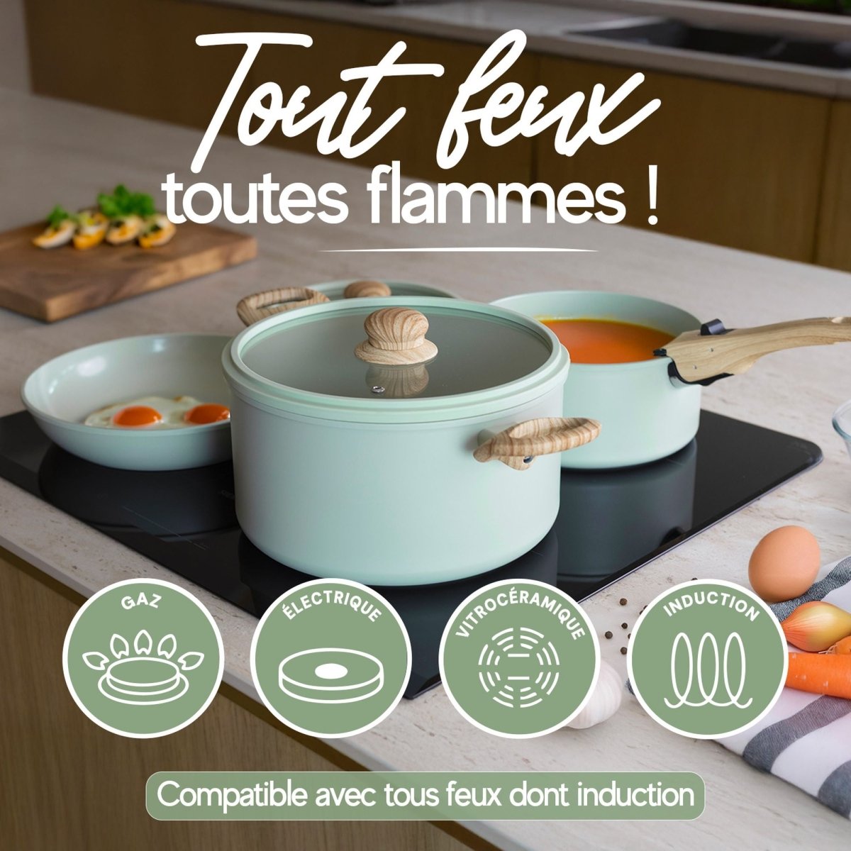 Set 8 pièces Super Ball Colorama menthe sur plaque induction, compatible tous feux dont induction