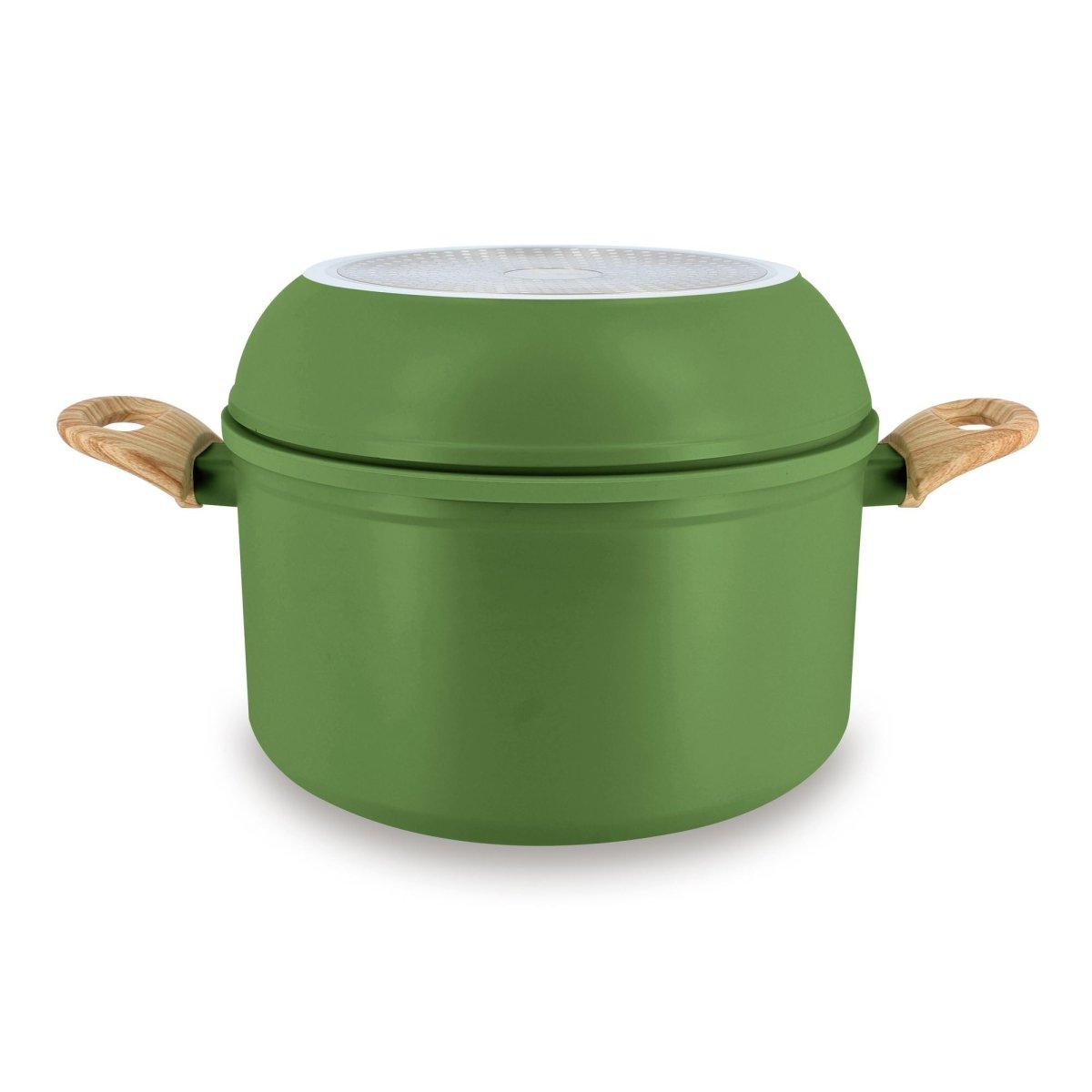Casserole verte Super Ball Colorama avec poignées bois et couvercle strainer, vue de face sur fond blanc