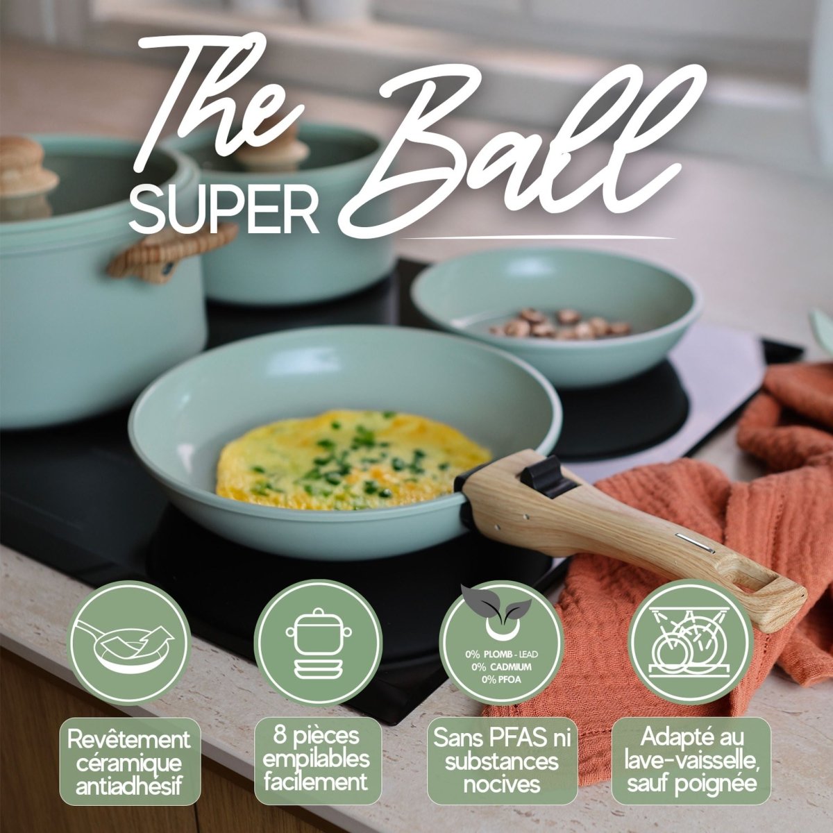 Set de 8 pièces Super Ball Colorama avec poêles vertes empilables, revêtement antiadhésif et manche amovible bois