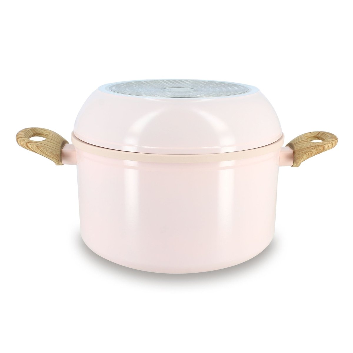 Casserole rose pastel Super Ball Colorama avec couvercle et poignées bois, vue de trois-quarts