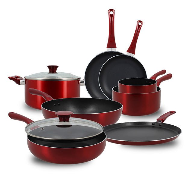Set de 8 pièces de cuisine Menastyl Cerise en aluminium rouge et noir, comprenant poêles, casseroles, faitout, sauteuse et wok
