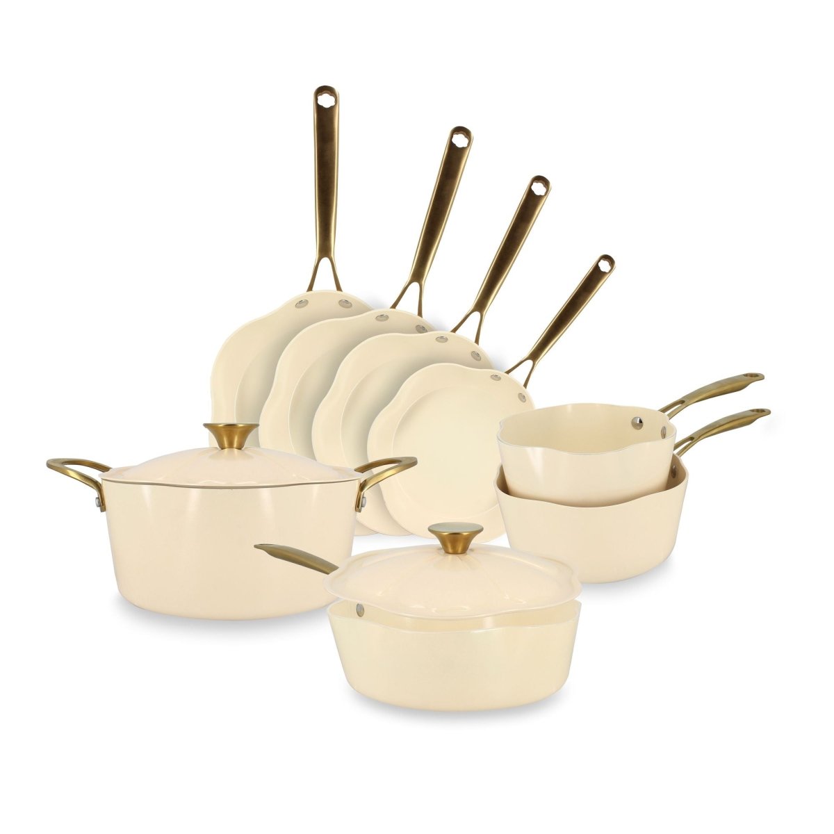 Set de 8 pièces Dahlia Menastyl en aluminium recyclé beige avec poêles, casseroles, faitout et sauteuse, vue d'ensemble
