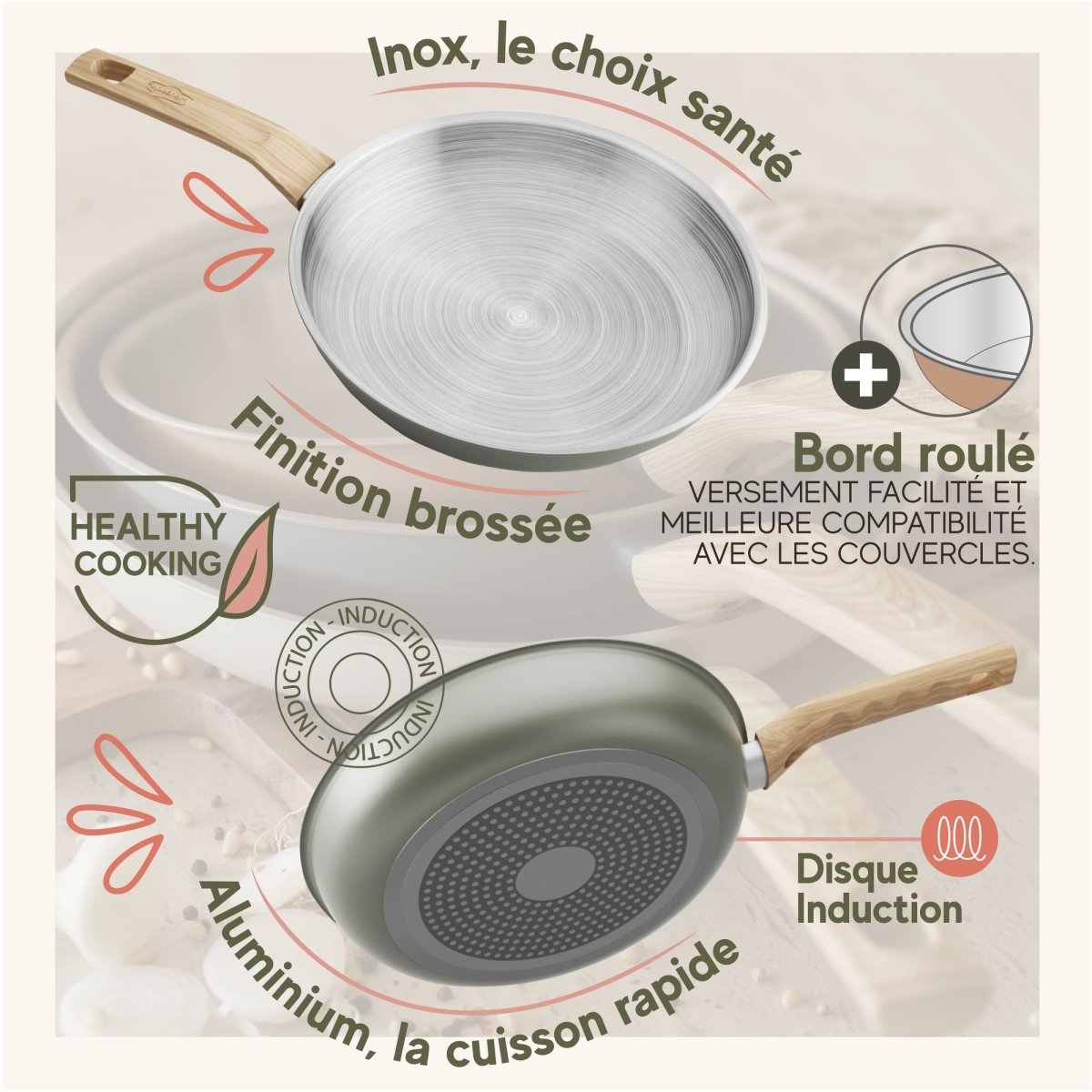 Détail batterie cuisine Easynox : casserole inox brossé et poêle aluminium avec disque induction, healthy cooking