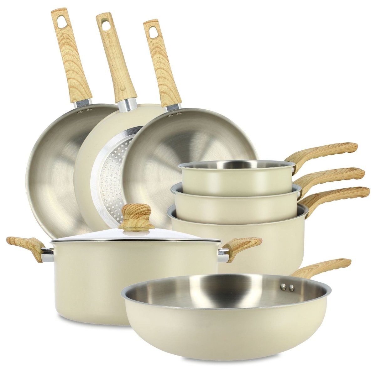 Set de 8 pièces Easynox Menastyl en inox et aluminium crème avec poignées bois, vue d'ensemble empilée