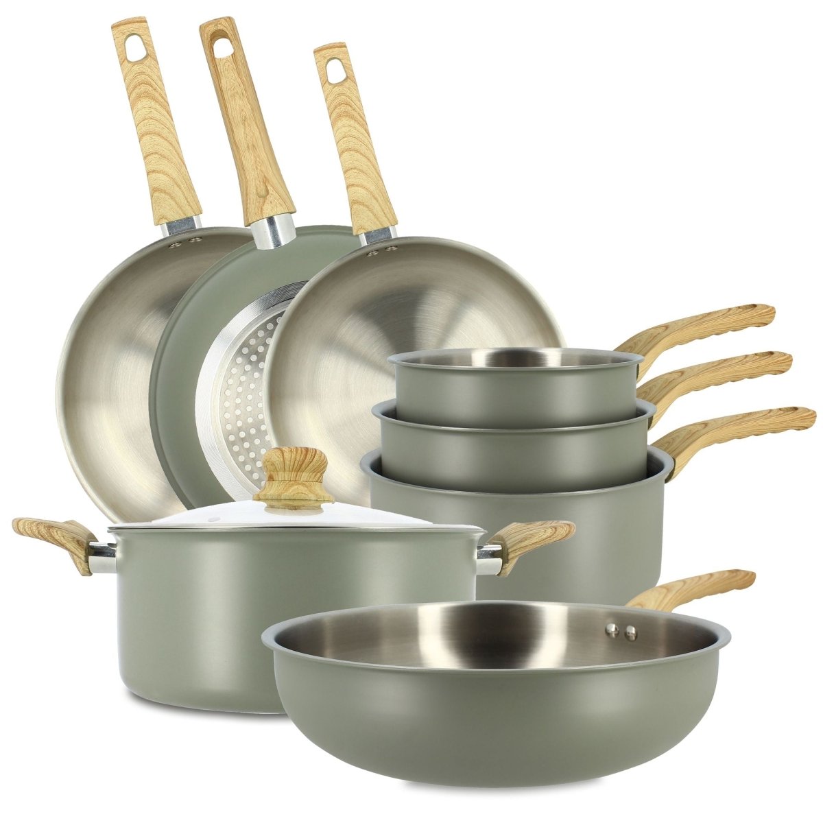 Set de 8 pièces Easynox en inox et aluminium avec poignées bois, vue d'ensemble sur fond blanc