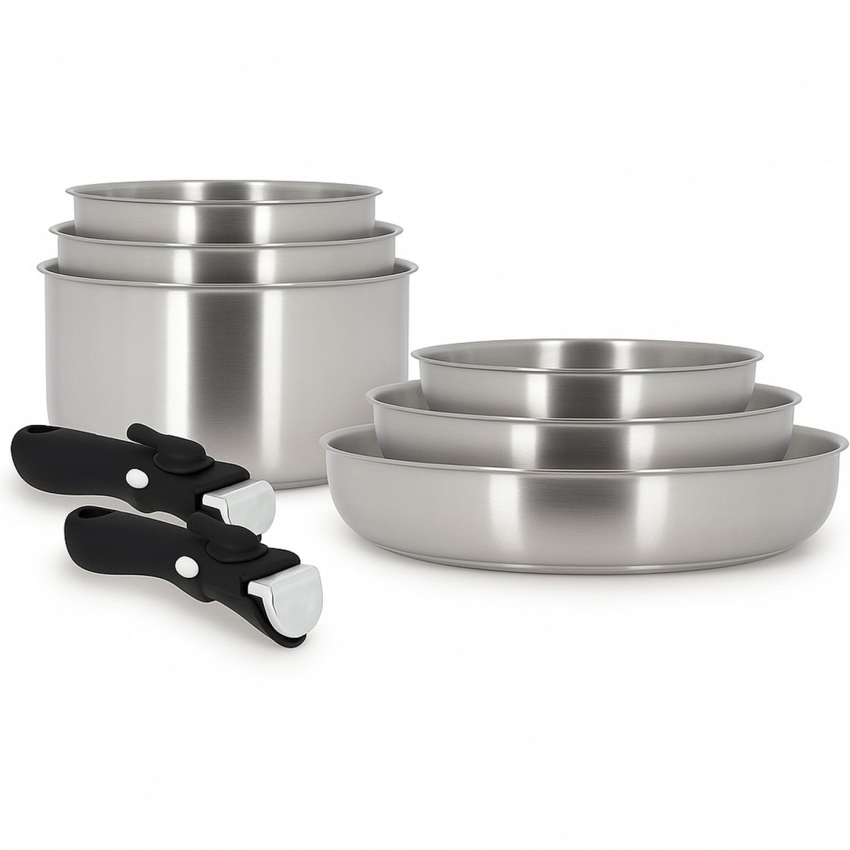 Set de 8 pièces Iris Menastyl en acier inoxydable avec poêles, casseroles et poignées amovibles noires sur fond blanc
