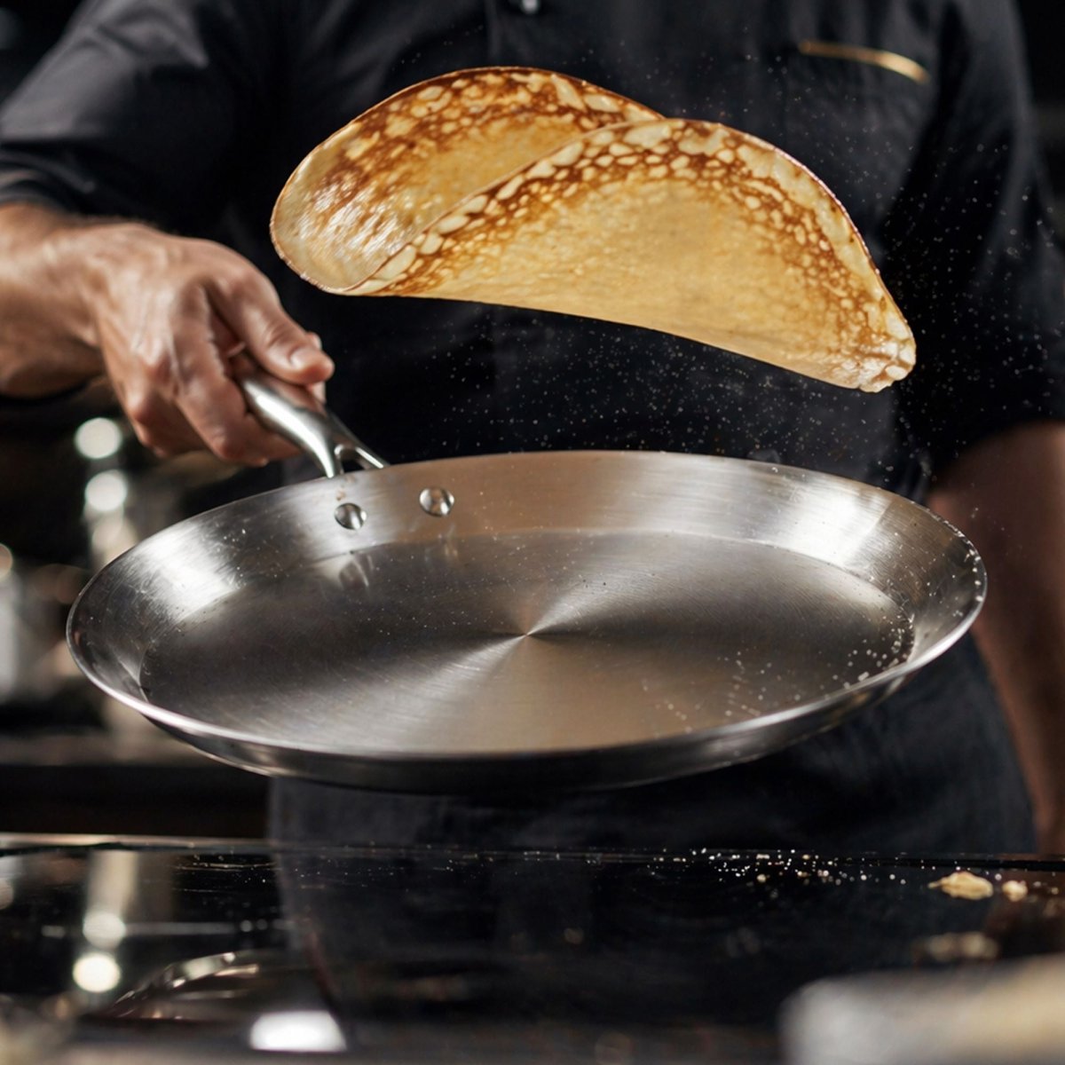 Crêpe dorée en suspension au-dessus d'une poêle Triply en acier inoxydable lors du retournement