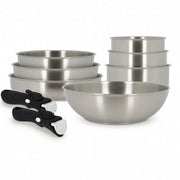 Set de 9 pièces Iris Menastyl en acier inoxydable avec 7 ustensiles et 2 poignées amovibles noires, vue d'ensemble sur fond blanc