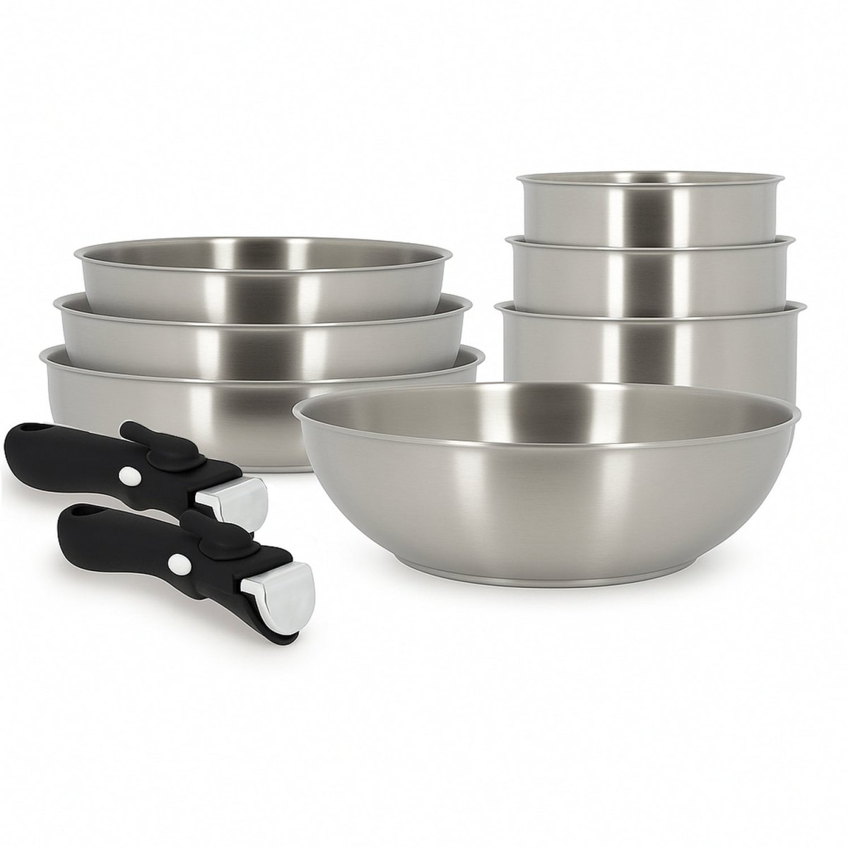 Set de 9 pièces Iris Menastyl en acier inoxydable avec 7 ustensiles et 2 poignées amovibles noires, vue d'ensemble sur fond blanc