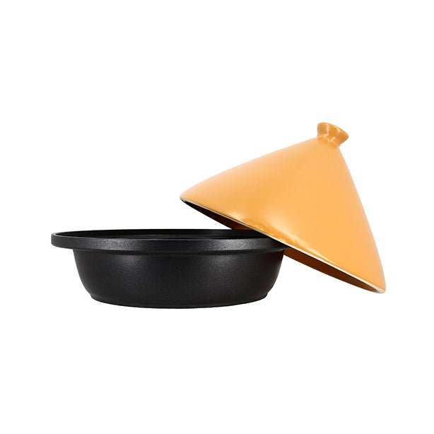 Tajine en aluminium 30cm Menastyl noir avec couvercle conique orange, vue principale sur fond blanc