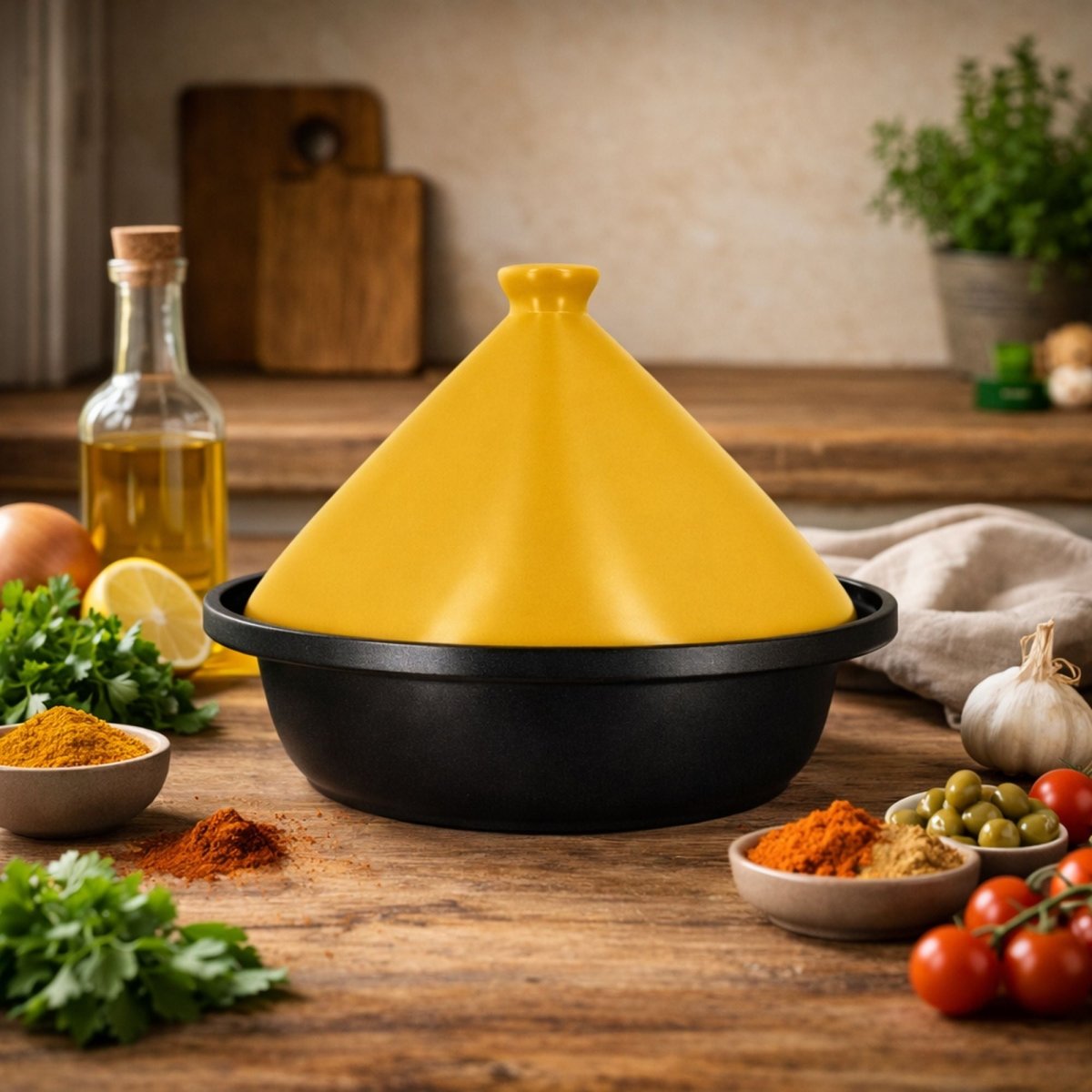 Tajine en aluminium 24 cm avec couvercle jaune conique, entouré d'épices, huile d'olive et ingrédients méditerranéens sur table en bois
