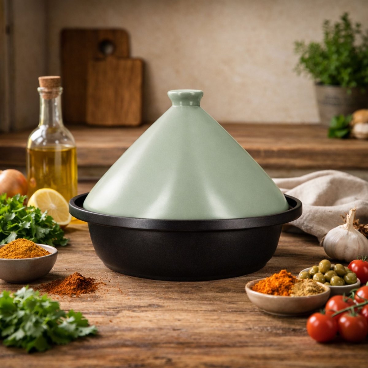 Tajine en aluminium noir avec couvercle céramique vert, entouré d'épices, herbes et ingrédients sur table en bois