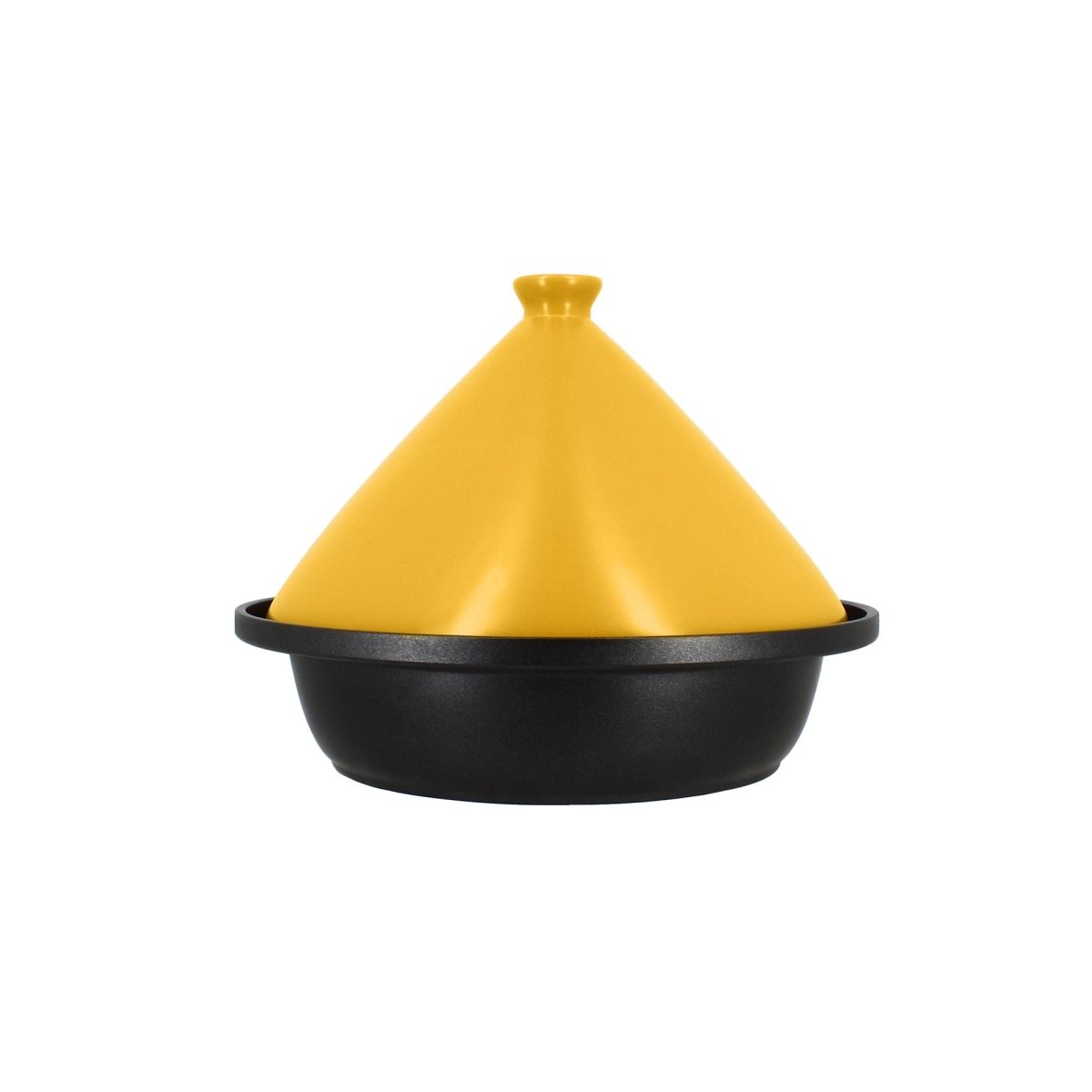 Tajine en aluminium noir avec couvercle conique jaune en céramique, vue de profil sur fond blanc