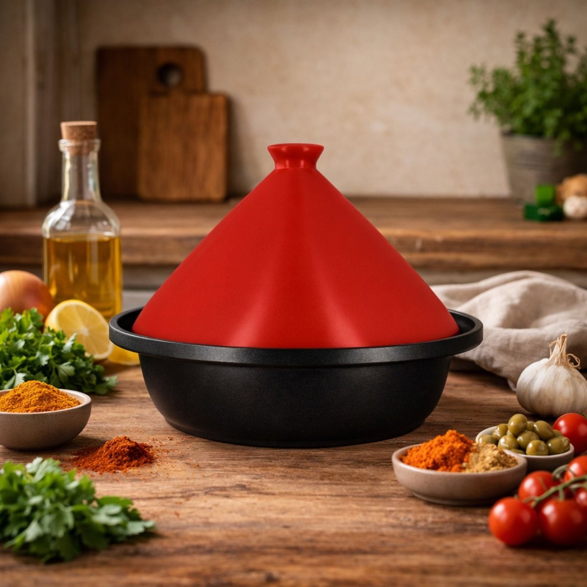 Tajine en aluminium avec couvercle conique rouge et ingrédients méditerranéens sur table en bois