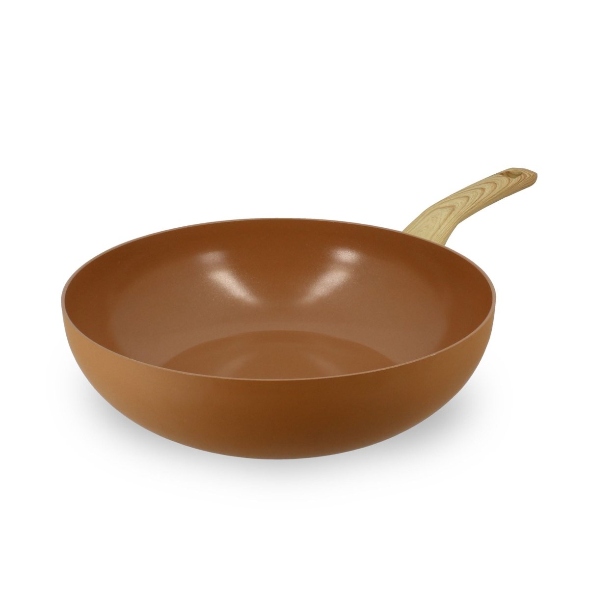 Wok Colorama 28 cm en aluminium brun avec manche en bois, vue d'ensemble sur fond blanc