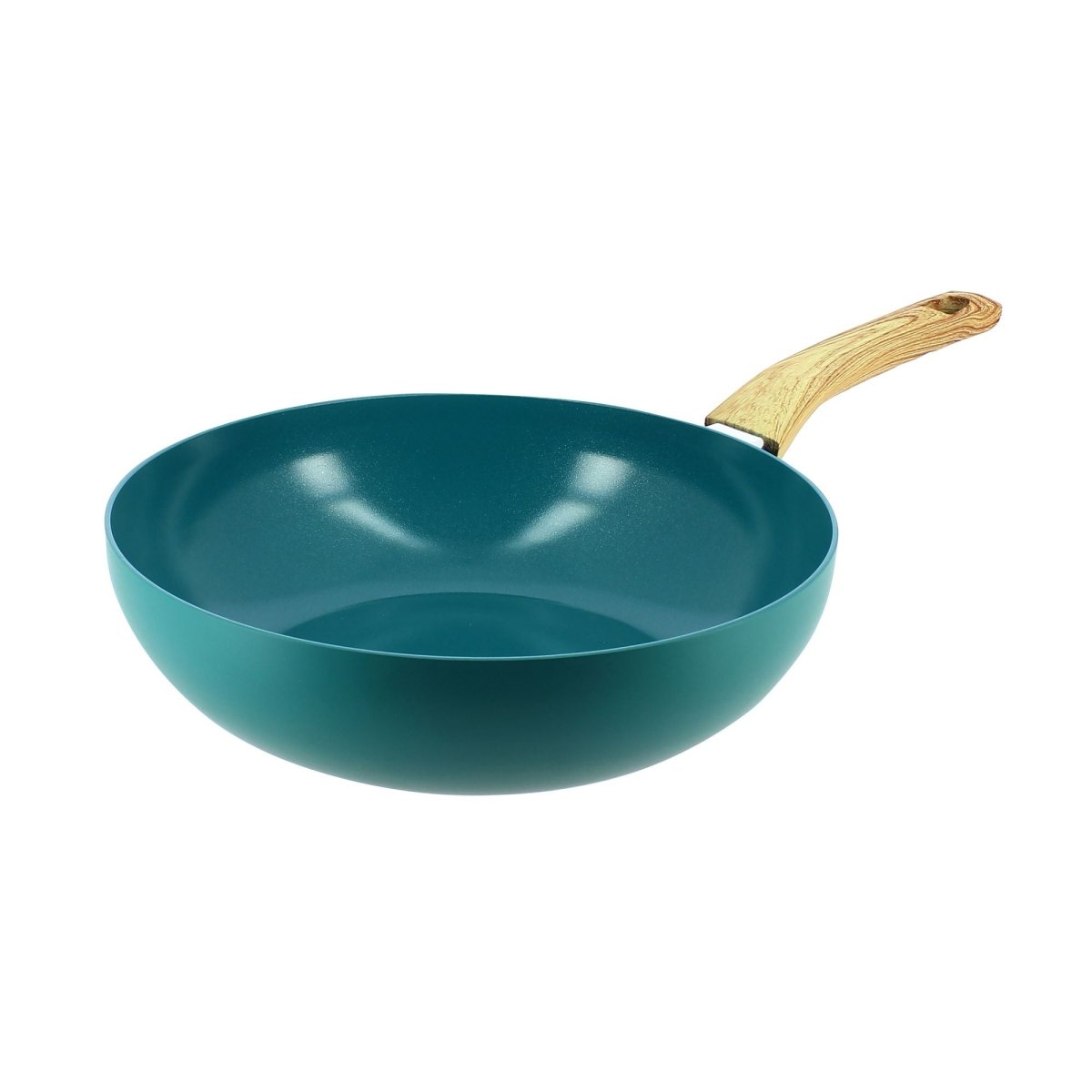 Wok Colorama 28 cm bleu canard avec manche bois, vue trois-quarts sur fond blanc