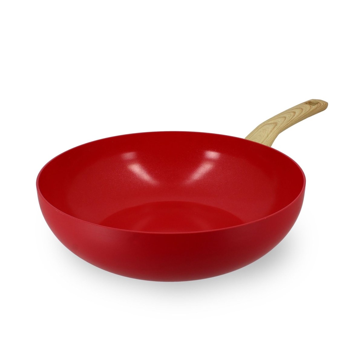 Wok Colorama 28 cm rouge avec manche bois clair, vue de trois-quarts, revêtement antiadhésif