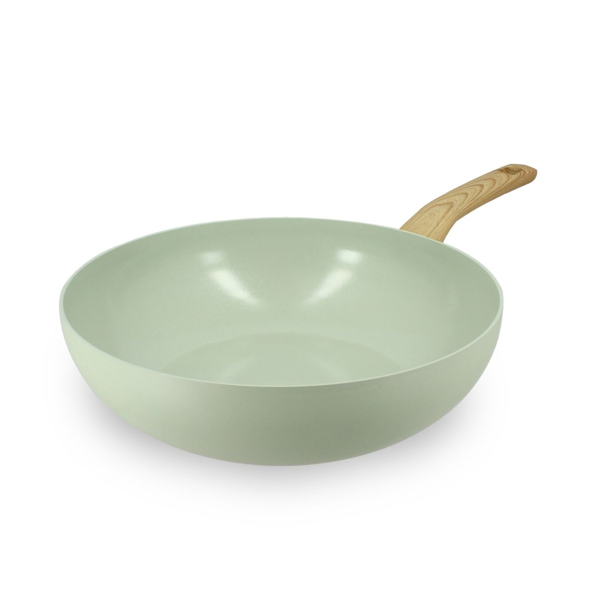 Wok Colorama 28 cm Menastyl en aluminium vert pastel avec manche bois, vue de trois-quarts