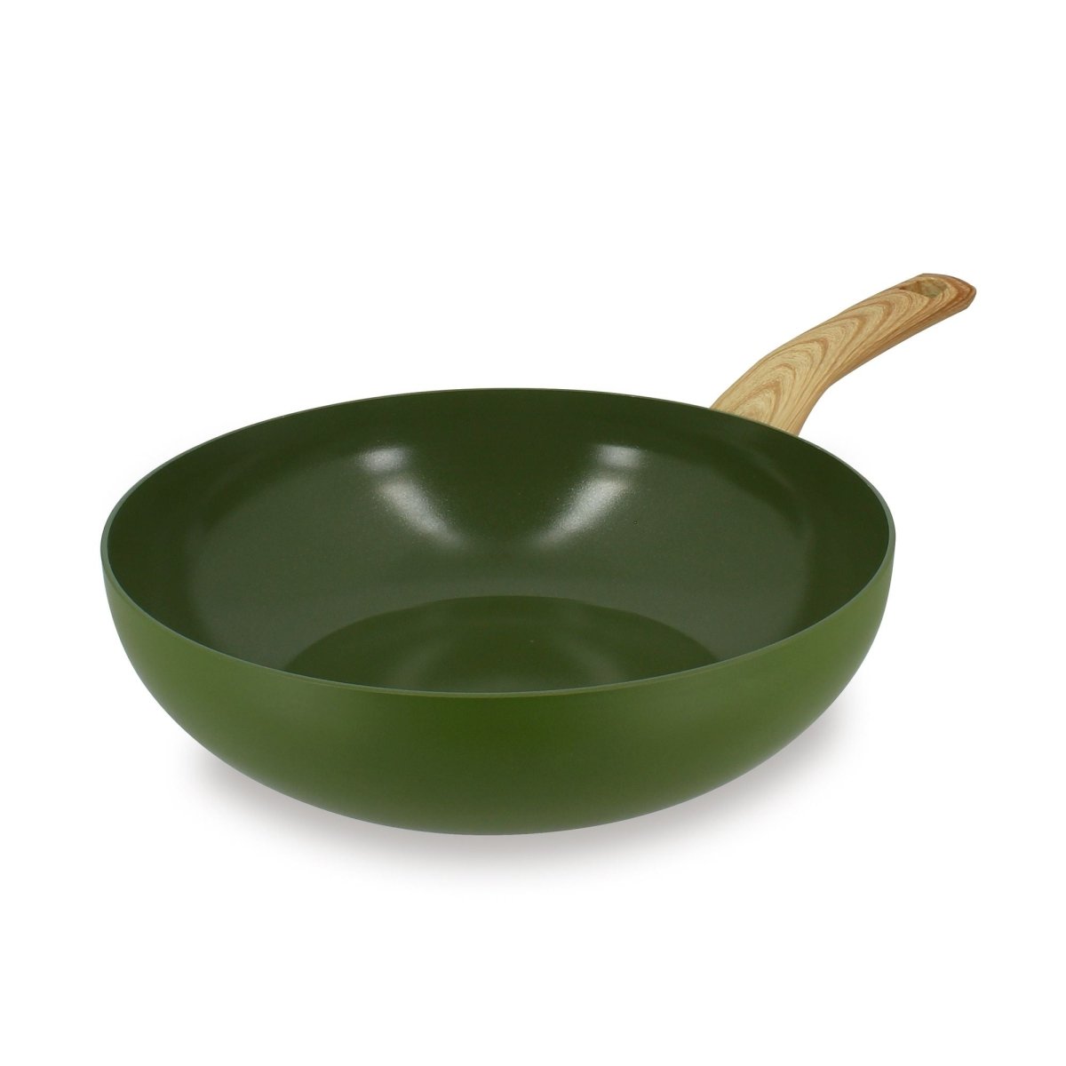 Wok Colorama 28 cm vert olive avec manche effet bois, vue de trois-quarts sur fond blanc