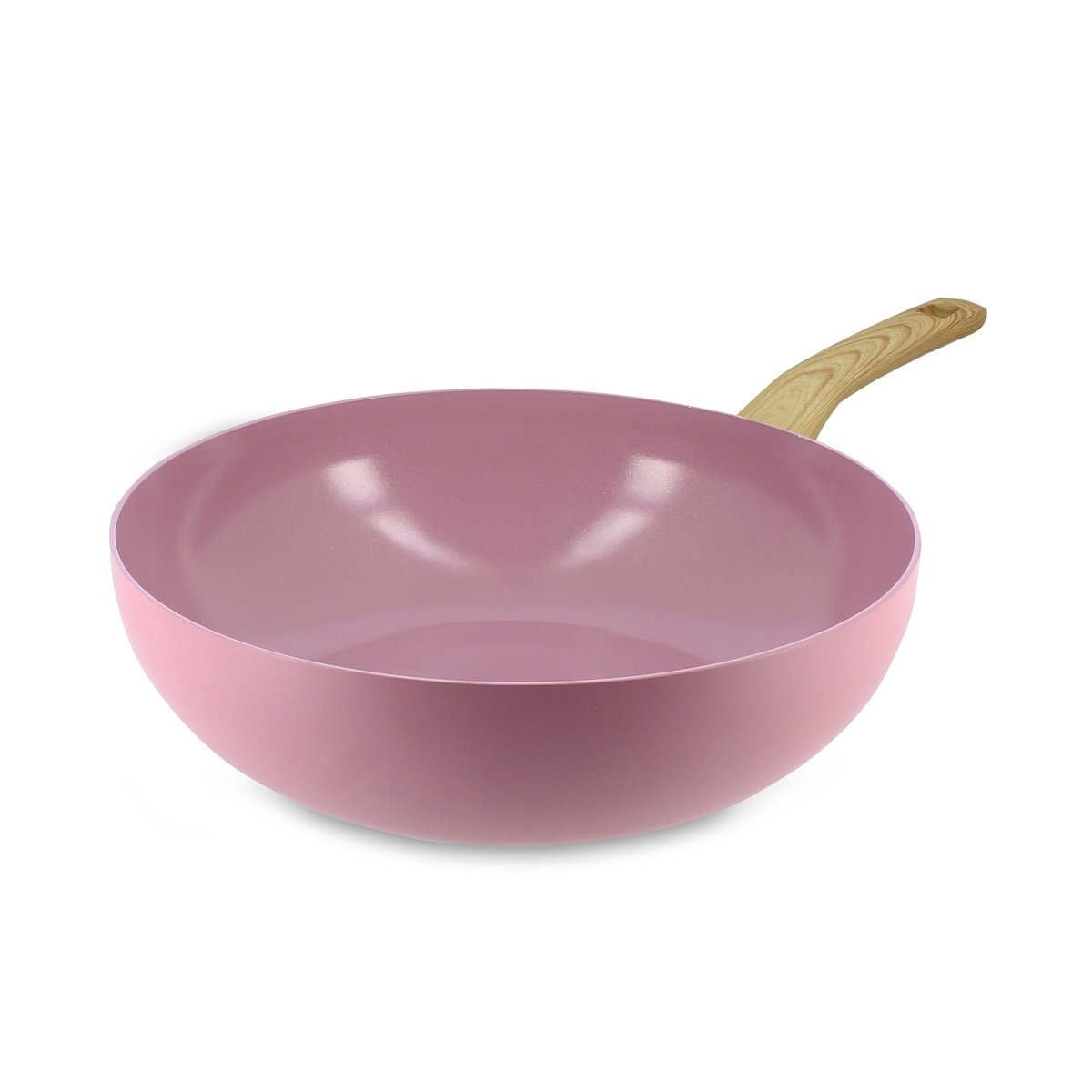 Wok Colorama 28 cm rose avec manche bois, vue de trois quarts sur fond blanc